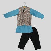Printed Jacket with Blue Cotton Kurta and Black Pyjama Set for Boys