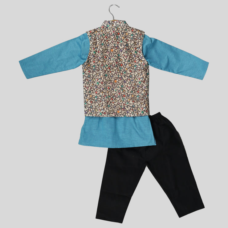 Printed Jacket with Blue Cotton Kurta and Black Pyjama Set for Boys