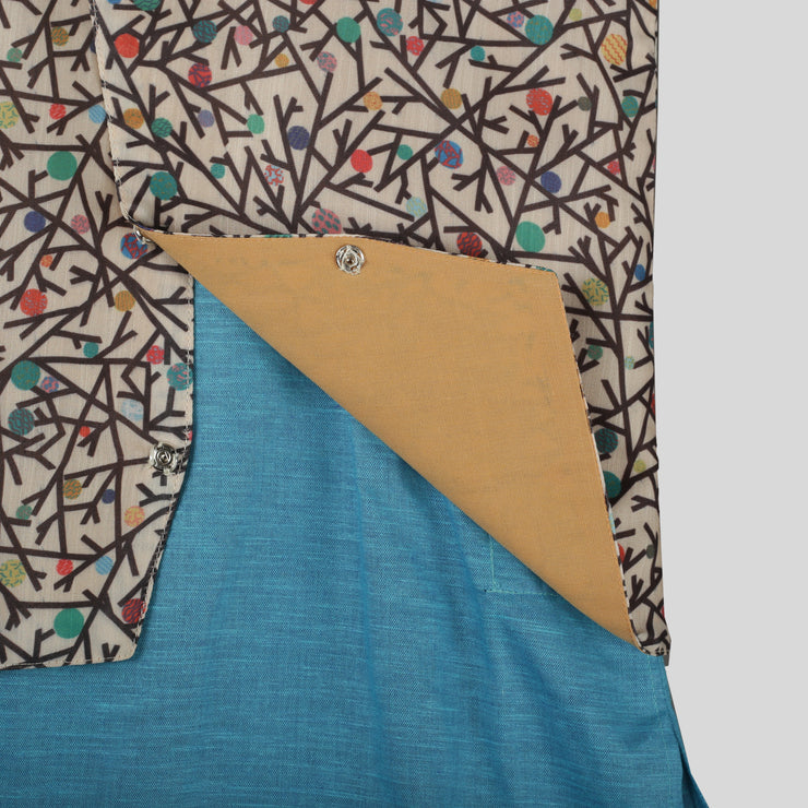 Printed Jacket with Blue Cotton Kurta and Black Pyjama Set for Boys