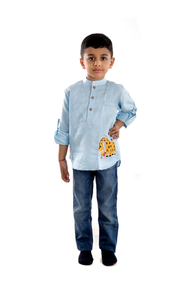 Boys Blue Linen Kurta Shirt With Giraffe Motif
