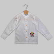 Full-Sleeved Mandarin Collared White Shirt made from Giza Cotton with Embroidered Motif of Swarovski Crystals