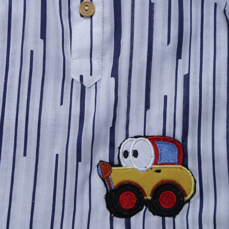 White and Blue Print Cotton Kurta Shirt with Car Motif