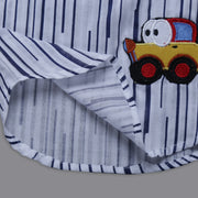 White and Blue Print Cotton Kurta Shirt with Car Motif