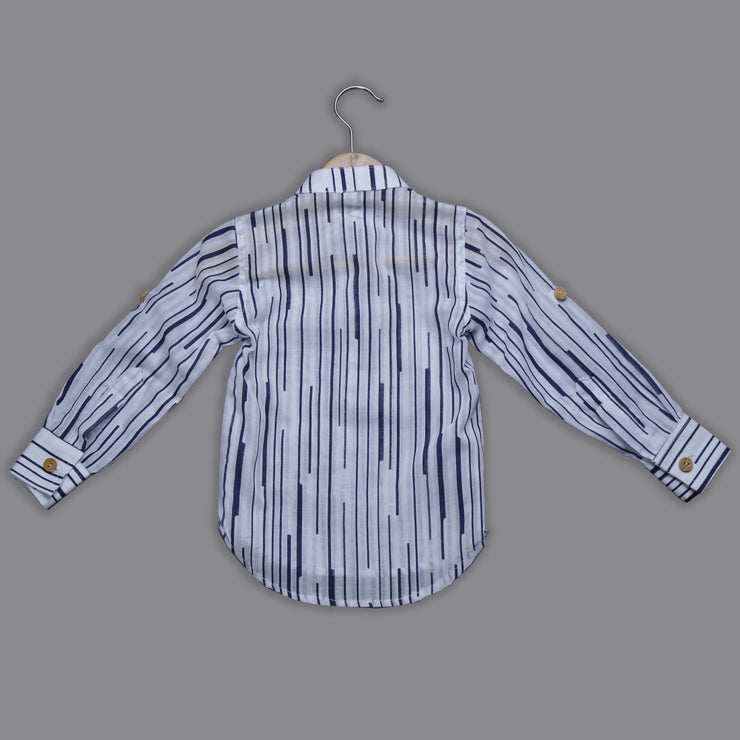 White and Blue Print Cotton Kurta Shirt with Car Motif