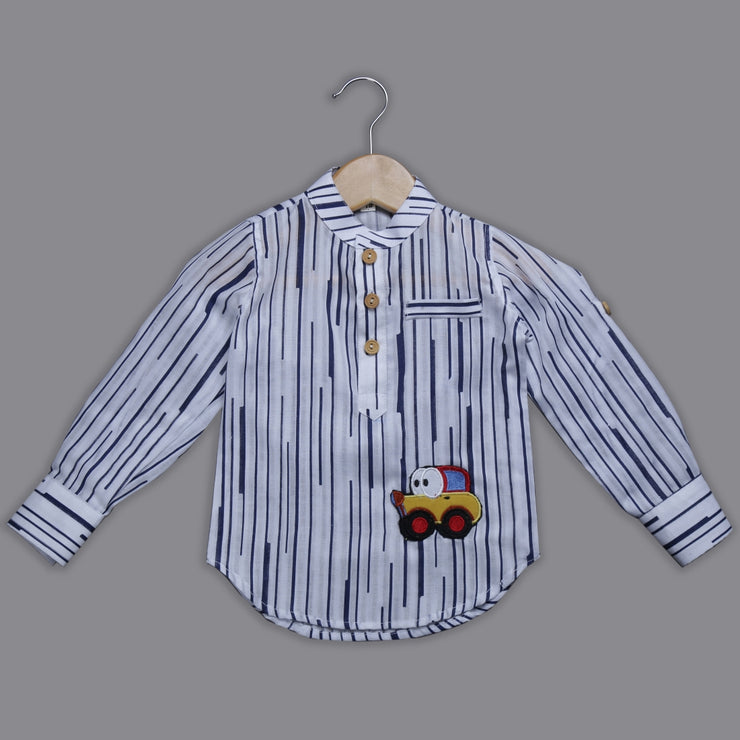 White and Blue Print Cotton Kurta Shirt with Car Motif