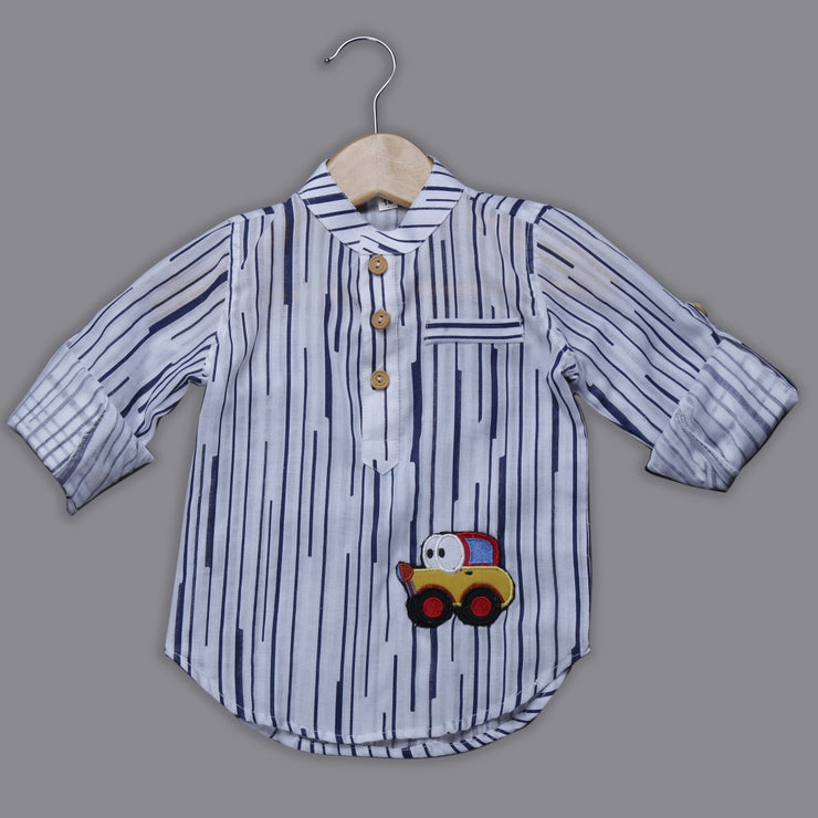 White and Blue Print Cotton Kurta Shirt with Car Motif