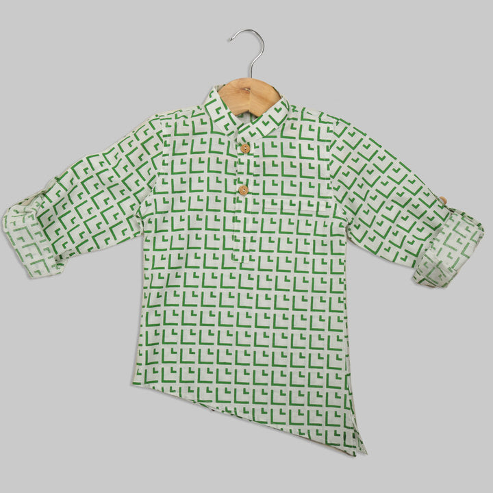 White and Green Cotton Asymetrical Shirt