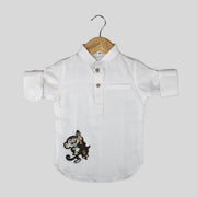 Linen Casual White Shirt For Boys With Monkey Motif