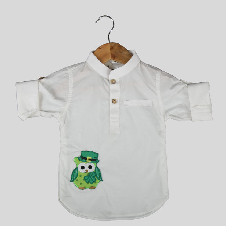 Giza Cotton White Casual Shirt For Boys with Owl Motif