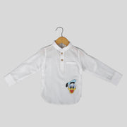 Giza Cotton White Casual Shirt For Boys With Donald Duck Motif Encrusted With Swarovski Element
