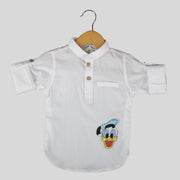 Giza Cotton White Casual Shirt For Boys With Donald Duck Motif Encrusted With Swarovski Element