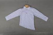 White And Blue Casual Cotton Shirt For Boys With Asymmetrical Hemline