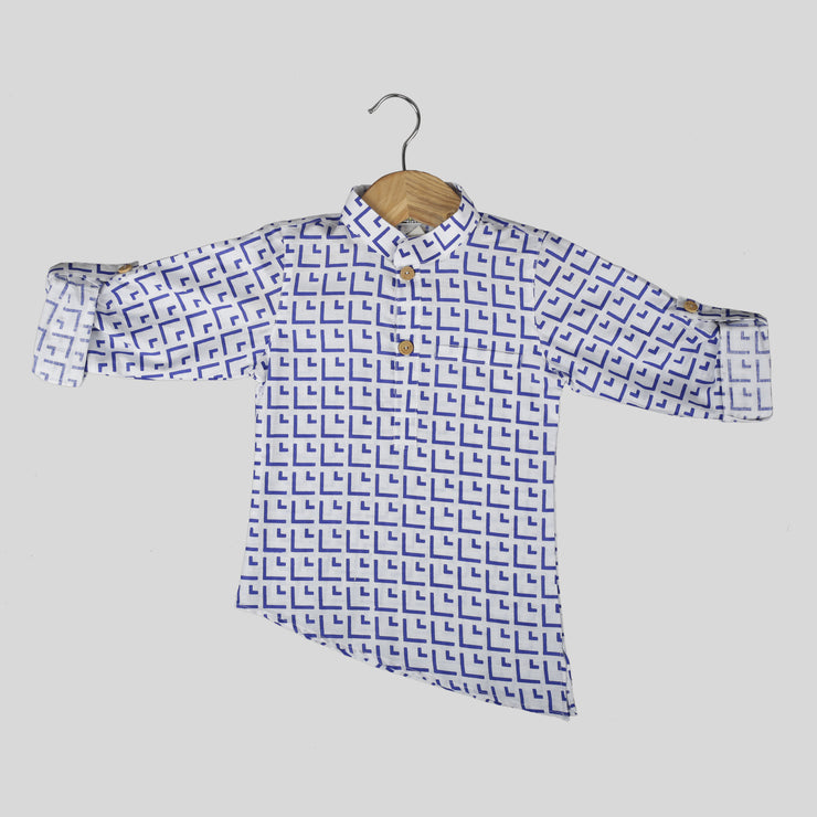 White And Blue Casual Cotton Shirt For Boys With Asymmetrical Hemline