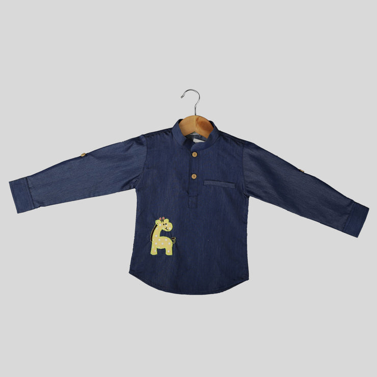 Navy Blue Cotton Casual Shirt For Boys With Cartoon Giraffe Motif
