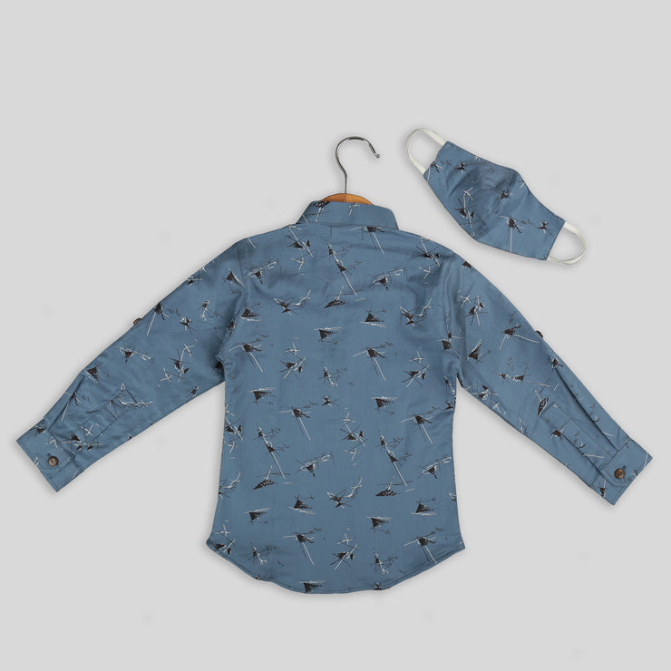 Blue Printed Cotton Shirt With Mask