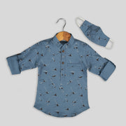 Blue Printed Cotton Shirt With Mask