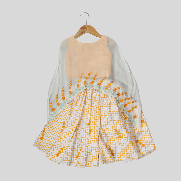 White and Yellow Cotton Top and Palazzo Set with Cape