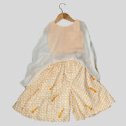 White and Yellow Cotton Top and Palazzo Set with Cape