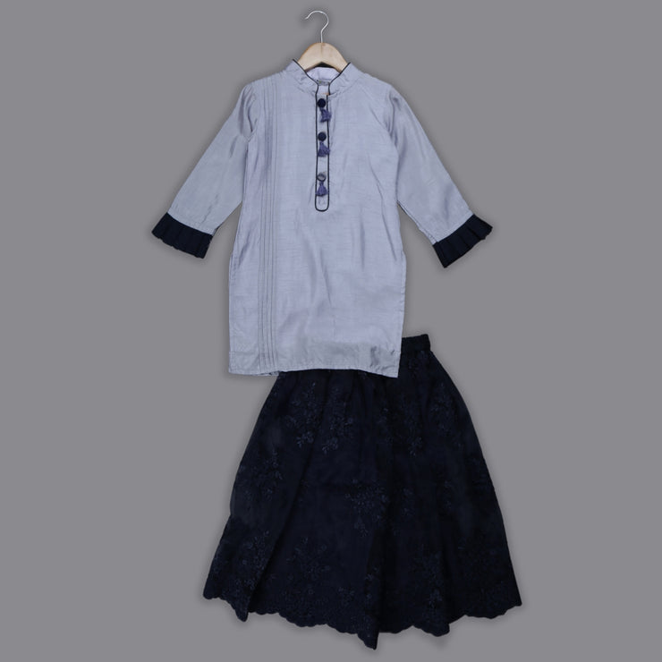 Grey Silk Kurti and Emroidered Organza Skirt Set for Girls