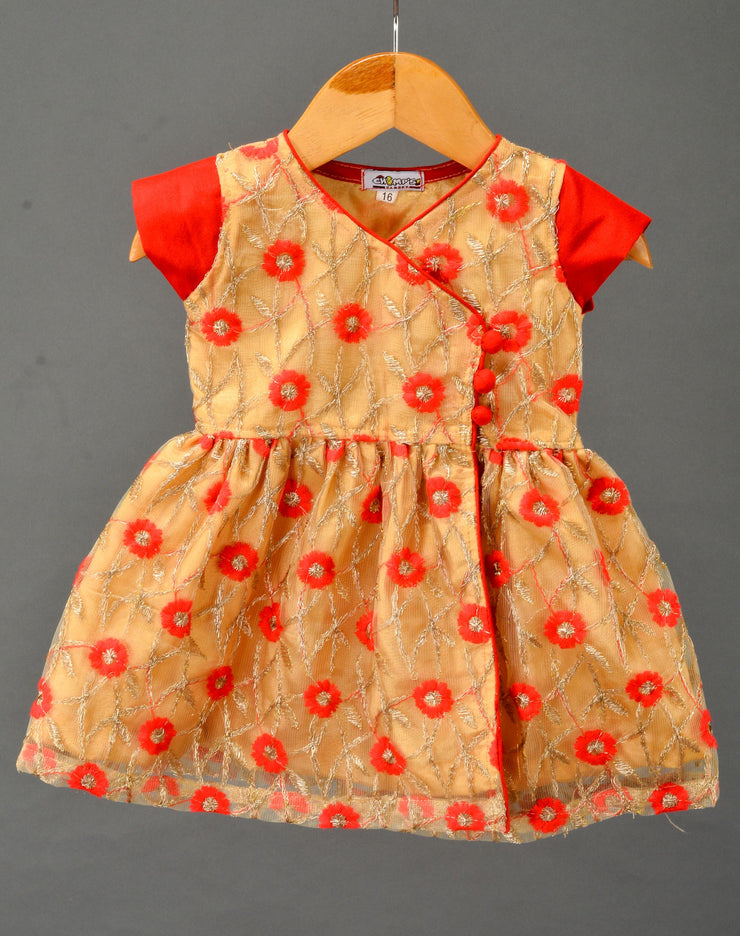 Red and Golden Embroidered Net Aangrakha Skater Frock