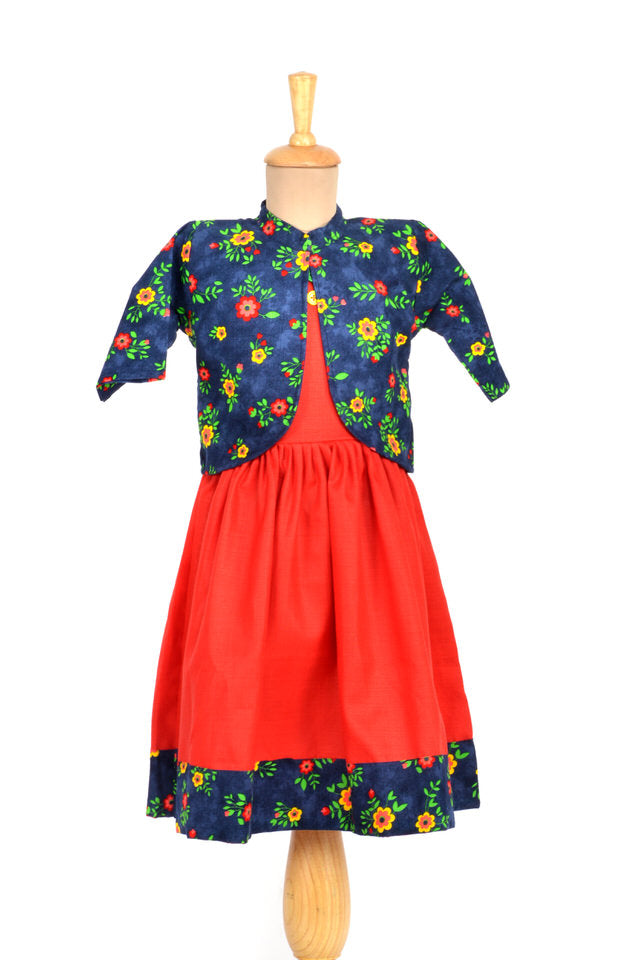Red Cotton Frock with Blue Corduroy Jacket