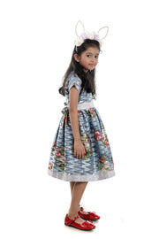 Printed Organza Grey Frock with Lace Work