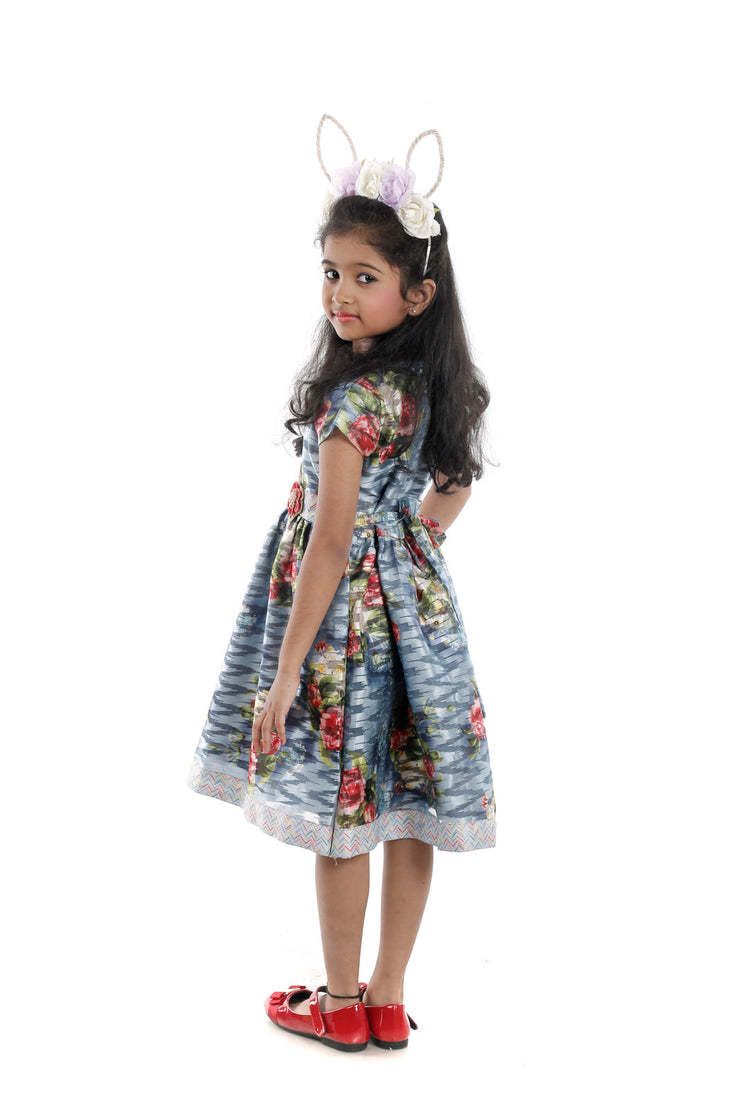 Printed Organza Grey Frock with Lace Work