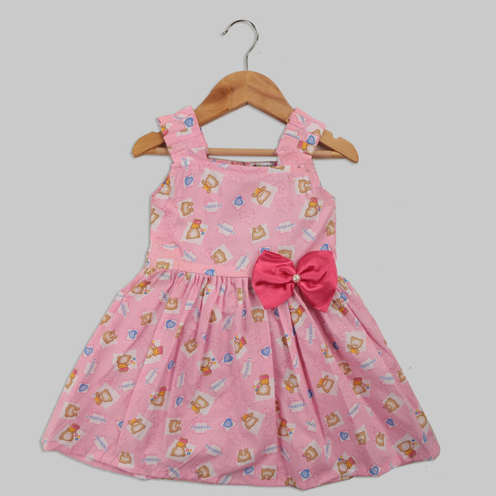 The Pink Casual Frock For Girls With Teddy Bear Print