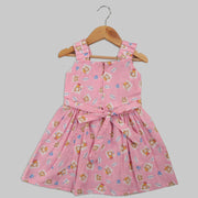 The Pink Casual Frock For Girls With Teddy Bear Print