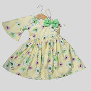 Yellow Cotton Skater Frock For Girls with Floral Print