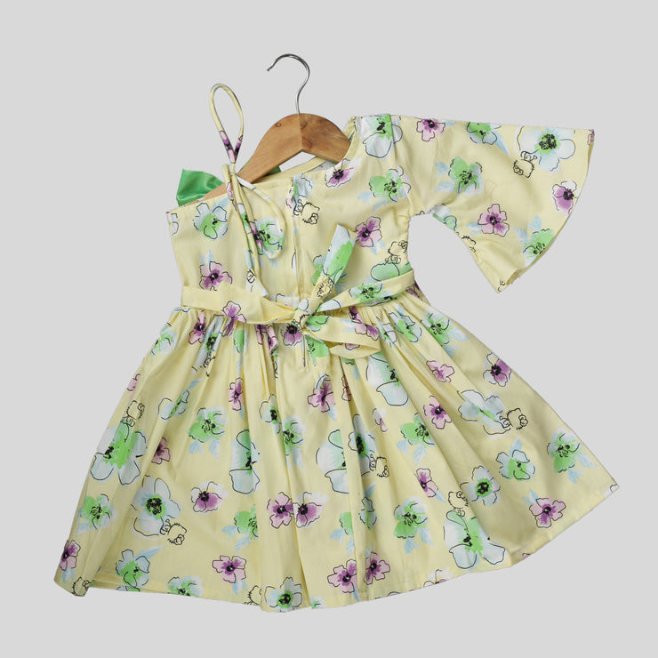 Yellow Cotton Skater Frock For Girls with Floral Print