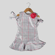 Silver Satin A-Line Frock For Girls with Pink Bow