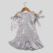 Silver Satin A-Line Frock For Girls with Pink Bow