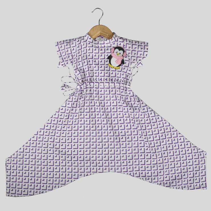 White and Purple Cotton Jumpsuit For Girls with Penguin Motif