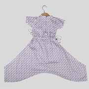 White and Purple Cotton Jumpsuit For Girls with Penguin Motif