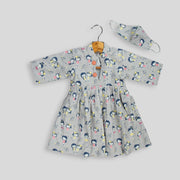 Grey Cotton Frock For Girls With Doll Print