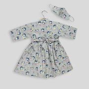 Grey Cotton Frock For Girls With Doll Print