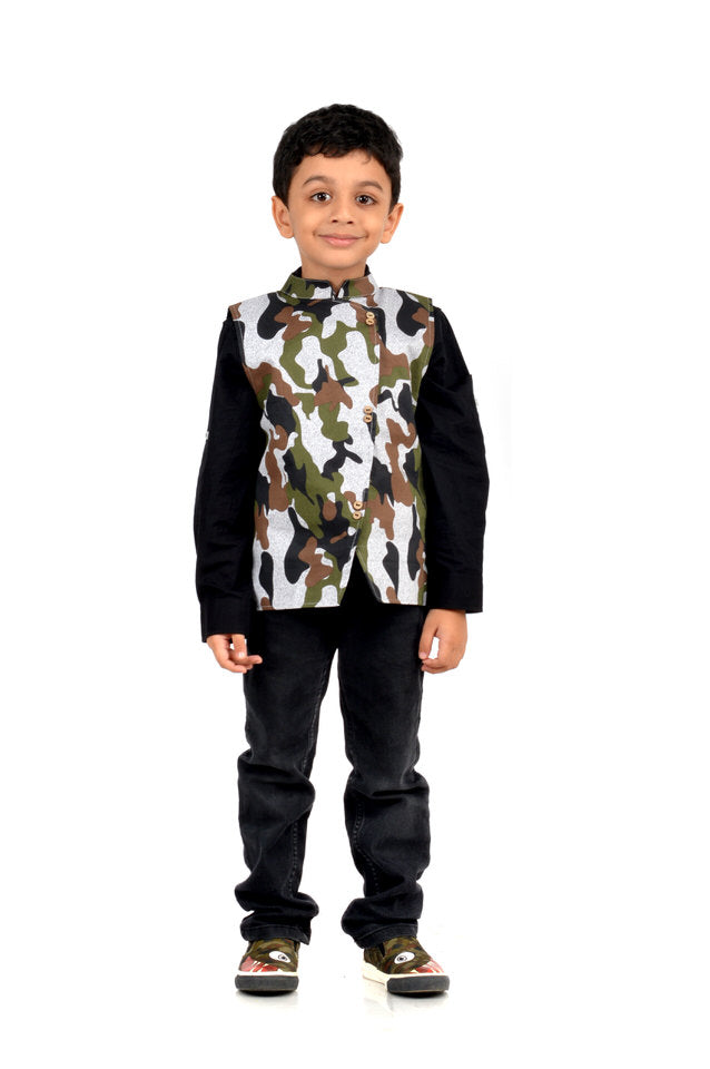 White Military Print Waistcoat