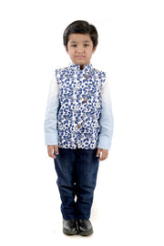 White Cotton Waistcoat with Blue Leafy Print
