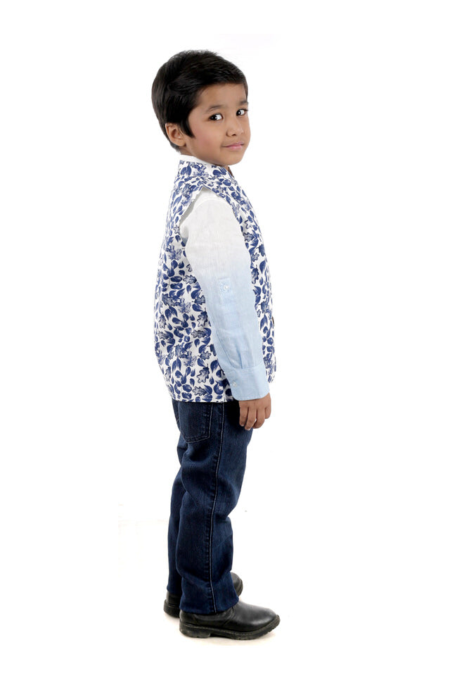 White Cotton Waistcoat with Blue Leafy Print